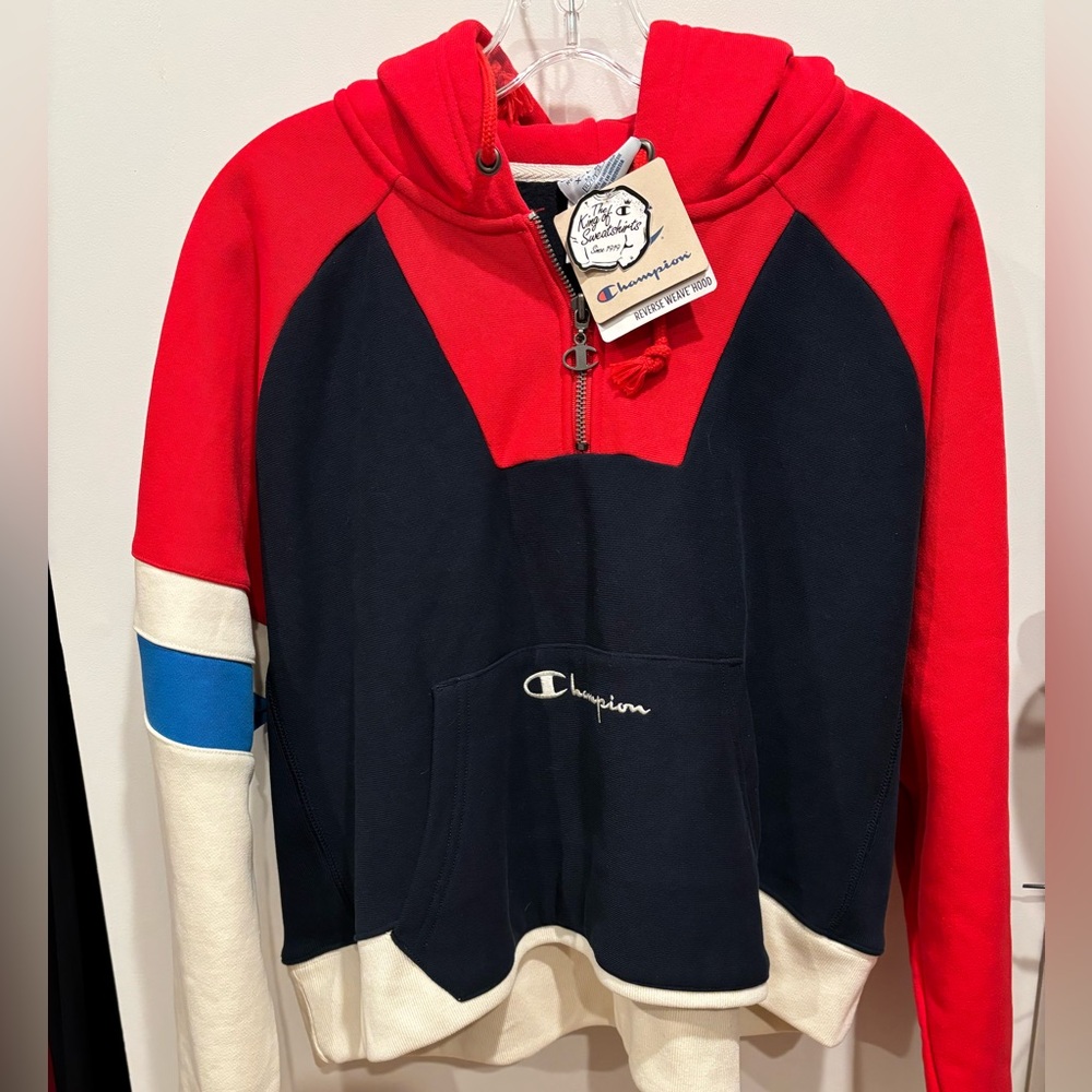 Vintage Champion Reverse Weave Crop Hooded 1/4 Zip Sweatshirt Womens XL Red Blue